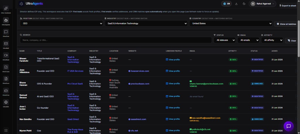 Lead Gen workspace with qualified prospect roster, verified emails, and ICP filters