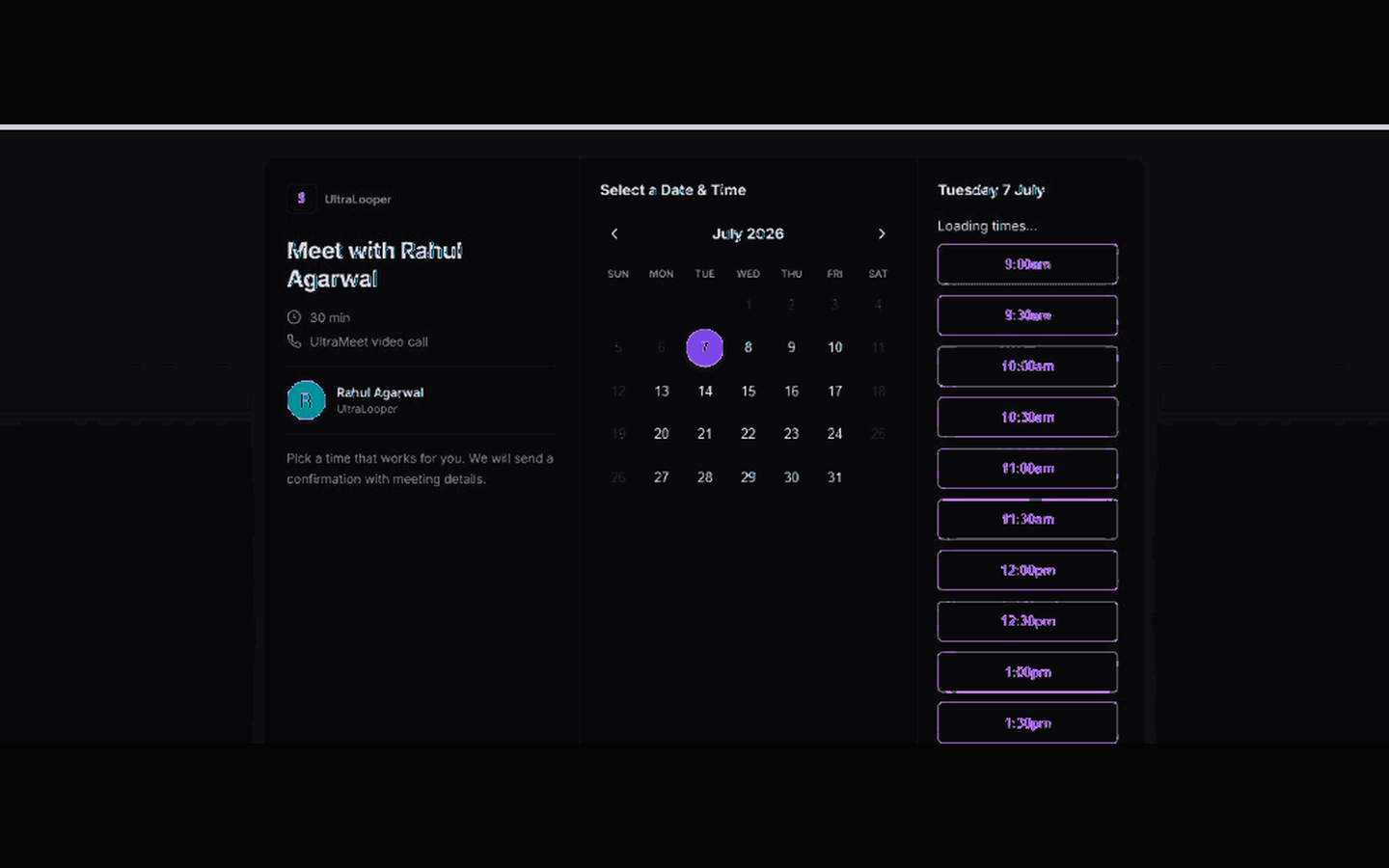 UltraCalendar public booking page in dark theme where guests select a date and time slot