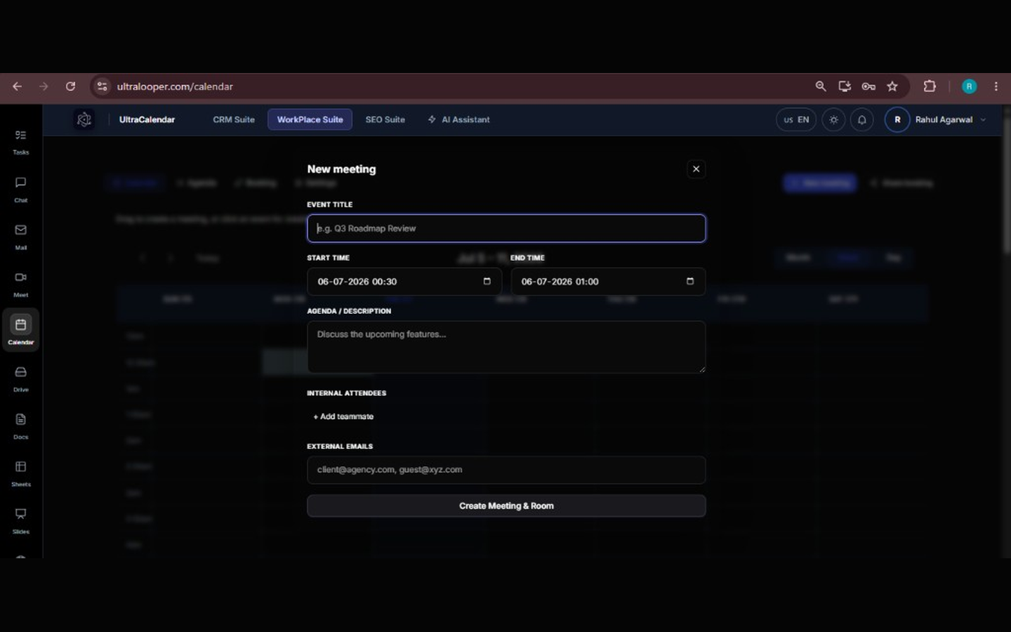 UltraCalendar new meeting modal with attendees, agenda, and Create Meeting & Room